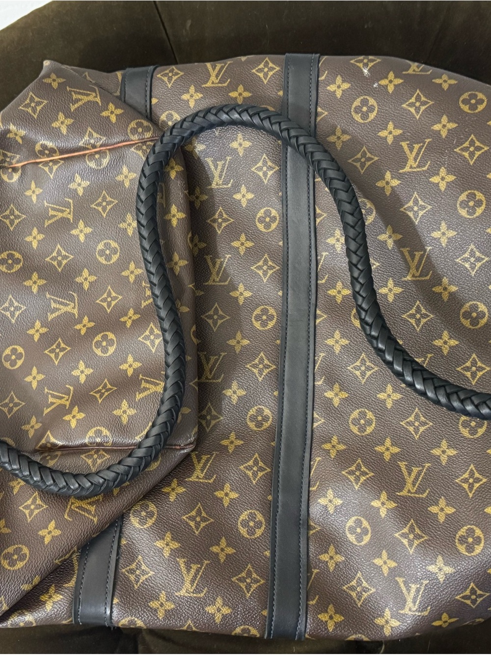 Louis Vuitton Brown Monogram Duffel Bag with Black Braided Handles
